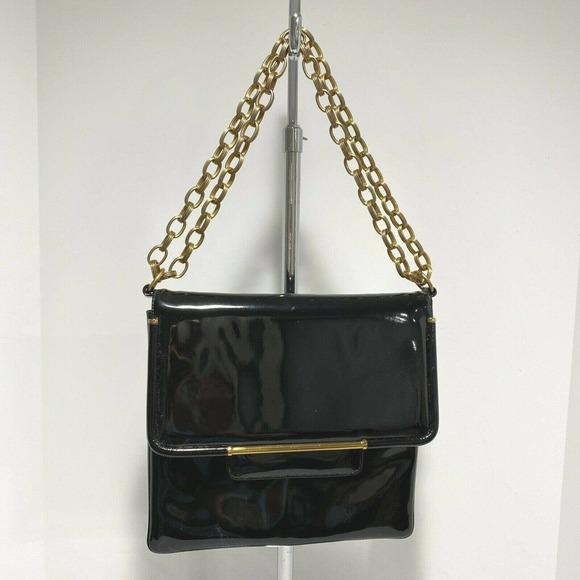 Prestige mod 1960’s black patent leather shoulder bag purse chunky gold chain - Picture 8 of 16